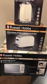 Cream Kettle Toaster and Microwave