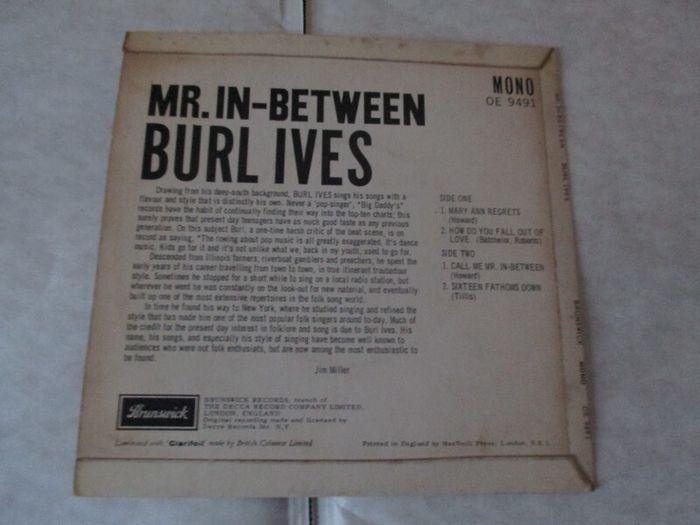 Burl Ives Mr. In-between E.p. 1962 Picture Sleeve Uk Pressing 45