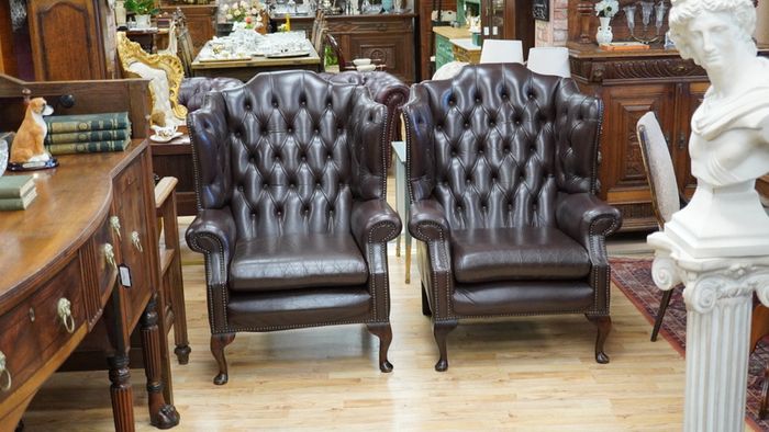 Pair of Vintage Leather Chesterfield Wingback Armchairs