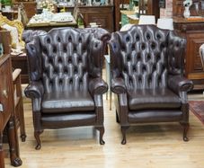 Pair of Vintage Leather Chesterfield Wingback Armchairs