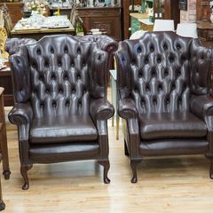 Pair of Vintage Leather Chesterfield Wingback Armchairs