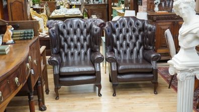 Pair of Vintage Leather Chesterfield Wingback Armchairs