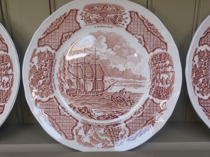 Vintage Set of Six Brown and White Fair Winds, Historical Scenes of Chinese Export to America - "The George Washington at Anchor" Salad Plates by Alfred Meakin