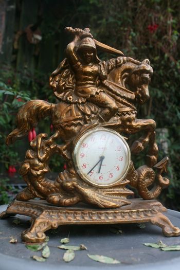 Vintage Brass Table Clock Knight on Horseback and Dragon, Saint George and Dragon, Mechanical  Clock SLAVA 11 JEWELS,  Working