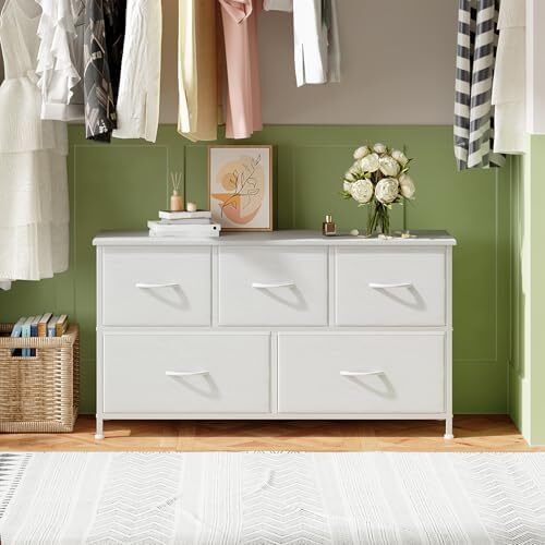 Chest of Drawers with 5 Drawers, Wide Storage Organiser Fabric Dresser for Living Room TV Stand Bedroom Closet Nursery Bedside Entryway Hallway, White Leather