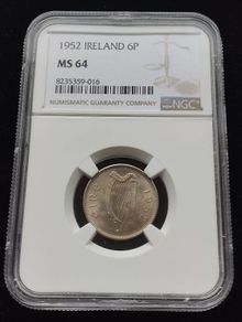 Ireland 1952 | Irish 6p | 6 Pence | Wolfhound | KM.13a | MS 64
