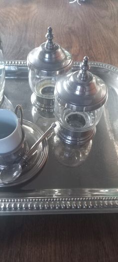 Antique stainless steel and glass French coffee set with tray