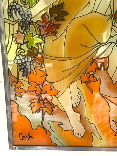 Vintage Art Nouveau Style Hand Painted and stained glass Glass Panel