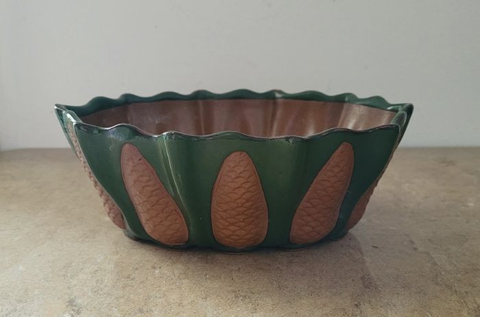 Antique glazed stoneware embossed pinecone dish