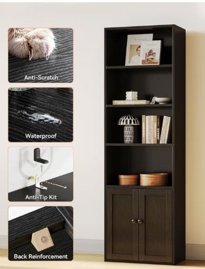 6-Tier Bookcase with Doors and Cabinet, Bookshelf Floor Standing Display Storage Shelf, Bookcases for Home, Office, Living Room, Bedroom, Black, 48 x 24 x 176.4