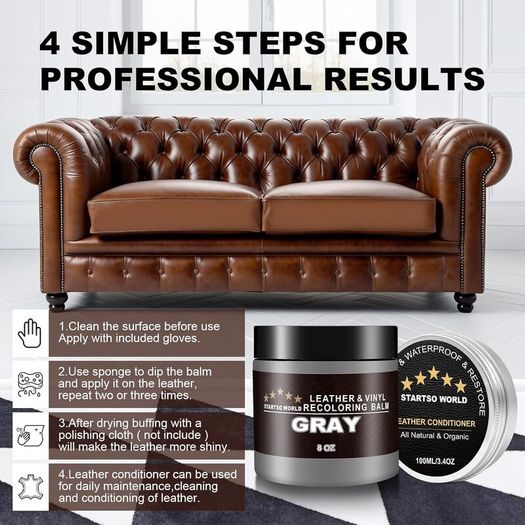 STARTSO WORLD 200ml Leather Recolouring Balm with 100mlLeather Conditioner, Gray Leather Repair Kit for Furniture, Leather Scratch Remover,Leather Colour Restorer for Couches, Car Seats