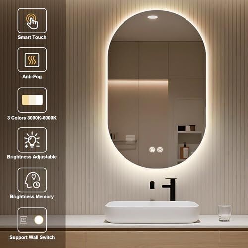 Bathroom Mirror with LED Lights 500x800mm, Anti-Fog, 3 Colors Dimmable, Backlit Light, Lighted Bathroom Vanity Mirror for Wall, Shatterproof Tempered Glass, Memory Function
