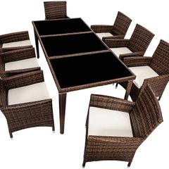 Aluminium Poly Rattan Dining Set, 8 Chairs + 1 Dining Table with Glass Tops, Includes 2 Cover Sets and Protective Cover, Various Colours