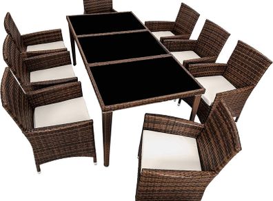 Aluminium Poly Rattan Dining Set, 8 Chairs + 1 Dining Table with Glass Tops, Includes 2 Cover Sets and Protective Cover, Various Colours