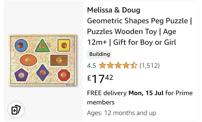 Melissa & Doug Geometric Shapes Peg Puzzle