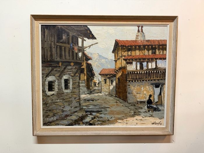Vintage Oil Painting on Canvas , Rustic Village Street Scene, Signed
