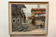 Vintage Oil Painting on Canvas , Rustic Village Street Scene, Signed