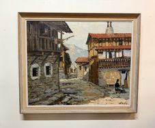 Vintage Oil Painting on Canvas , Rustic Village Street Scene, Signed