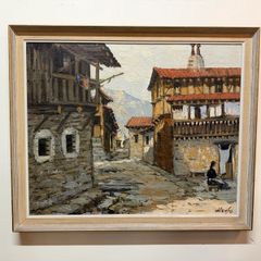 Vintage Oil Painting on Canvas , Rustic Village Street Scene, Signed