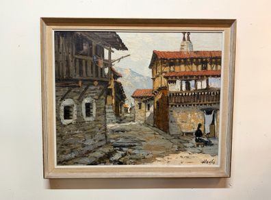 Vintage Oil Painting on Canvas , Rustic Village Street Scene, Signed