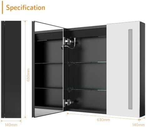 LED Bathroom Mirror Cabinet with Shaver Socket  630 x 650mm, 2-Door Wall-Mounted Vanity with Anti-Fog Demister, 3-Colour Dimmable Lighting Adjustable Glass Shelves