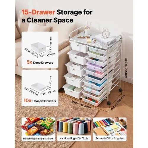 Rolling Cart with Drawers, Double Row 15 Drawer Storage Organizer, Mobile Utility Cart with Chrome Steel Frame, Universal Casters & 2 Brakes, for Office, Classroom, Craft Room, Studio, Garage