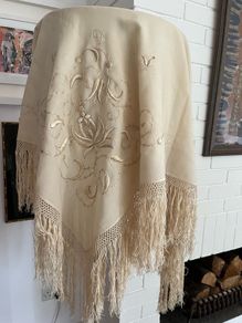 Antique Silk twill cream shawl embroidered deep fringe