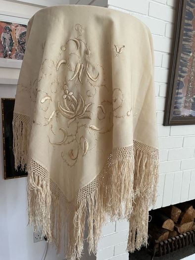 Antique Silk twill cream shawl embroidered deep fringe