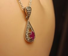 Sterling Silver Petite Natural Ruby and Zircon Drop Pendant and Chain