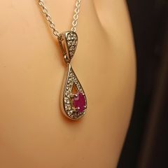 Sterling Silver Petite Natural Ruby and Zircon Drop Pendant and Chain