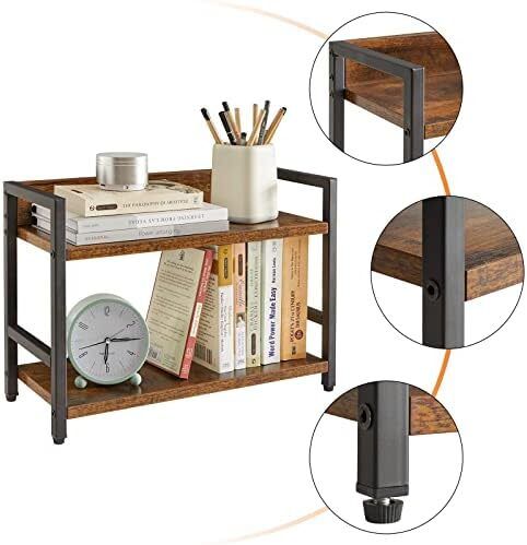 2-Tier Spice Rack Industrial Counter Shelf Desktop Storage Organizer Standing Seasoning Rack for Countertop Kitchen Office Living Room Desktop Rustic Brown