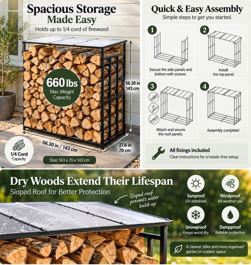 Outdoor Firewood Log Rack with Sloped Roof 143cm, Powder-Coated Steel Frame