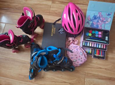 Free Harry Potter invisible cloak, roller skates, roller blades, helmet, stitch art set, unicorn bag,all to go together