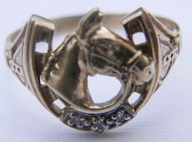 Vintage 9K Sold Gold 375 Horse Head and Horseshoe Ring Men's Signet with Diamonds, BIG SIZE 4,23g