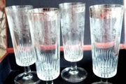 Vintage Etched Glass with Silvered Collar Champagne Flutes x 4