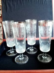 Vintage Etched Glass with Silvered Collar Champagne Flutes x 4