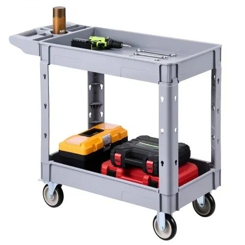 Utility Cart, 250 kg Capacity, 2 Tier Service Cart with 360 Swivel and Fixed Wheels (2 with Brakes), Heavy Duty Plastic Rolling with Storage Tray, Tool Storage for Garage Warehouse Workshop