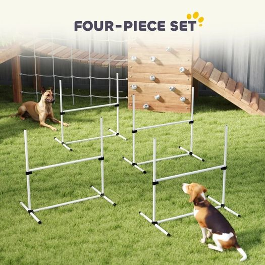4 Piece Dog Agility Training Equipment for Dog Agility Course with Adjustable Height Jump Bars, Included Carry Bag, & Displacing Top Bar, White