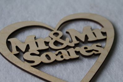 Custom Personalised Mr & Mr Wedding Gift CakeTopper Wooden Heart With Names Laser Cut