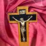 VTG Framed Wooden Crucifix Red Velvet backing Jesus Christ Figure Image 2