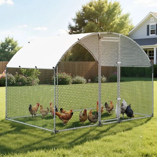 Large Metal Chicken Coop 3 x 2 x 2 m Walk-in Chicken Run House Cage, Doom Roof Hen House Enclosure with Cover and Security Lock,