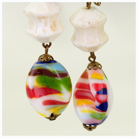 Retro Murano Millefiori Glass Long Drop Clip On Earrings