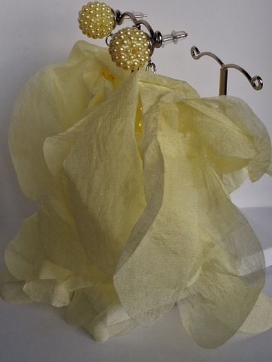 Lemon Yellow Pearl Cluster Stud Glass Inlay Extravagant Chiffon Petal Tassel Earrings