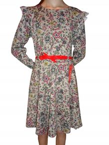 Beige/Navy  dress NANCY with flowers-long sleeves