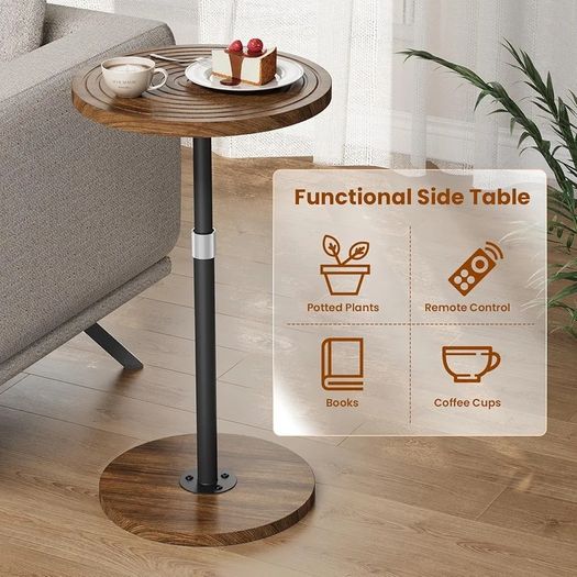 Small Side Table, Adjustable-Height Round Drink Table for Small Spaces, Pedestal Martini Table, Cocktail Tables Weighted Base for Living Room, Bedroom, Bathroom, Office, Walnut