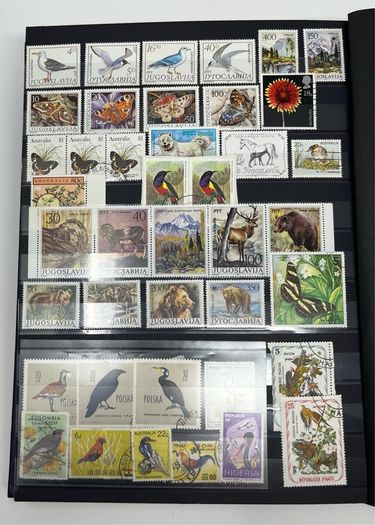 Ace Black 32 page/ 16 leaf Stamp Album with over 900 stamps. Thematic of Animals, Plants, Classic Cars, Space, Trains, Sport & Disney noted.