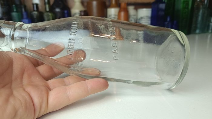 505 - Vintage Clear Glass Cork Top Collectible Decorative Cobh Milk Producers Bottle