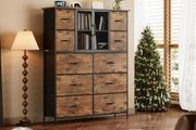 Dresser for Bedroom with 10 Fabric Drawers, Tall Chest of Dreawers, Storage Organizer Closet, Wooden Top, Metal Frame, Mesh Door, Rustic Brown
