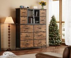 Dresser for Bedroom with 10 Fabric Drawers, Tall Chest of Dreawers, Storage Organizer Closet, Wooden Top, Metal Frame, Mesh Door, Rustic Brown