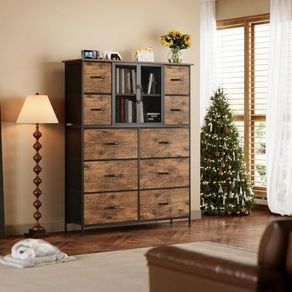 Dresser for Bedroom with 10 Fabric Drawers, Tall Chest of Dreawers, Storage Organizer Closet, Wooden Top, Metal Frame, Mesh Door, Rustic Brown